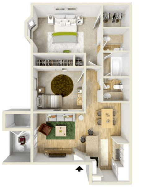 2 Bedroom 1 Bath Floor Plan at Anson at North Hills, Raleigh, NC
